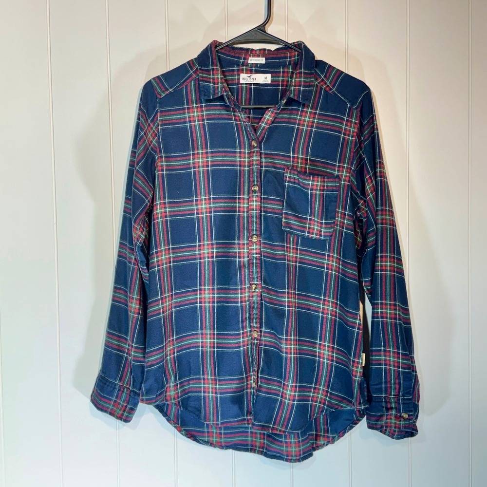 Hollister Womens Navy Blue Red Plaid Flannel Boyfriend Fit Button Down Shirt M